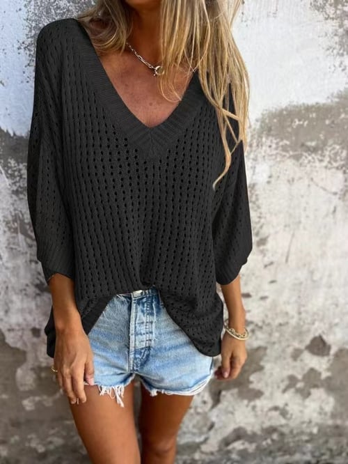 Women's Knit V-Neck Top with Open-Work Pattern