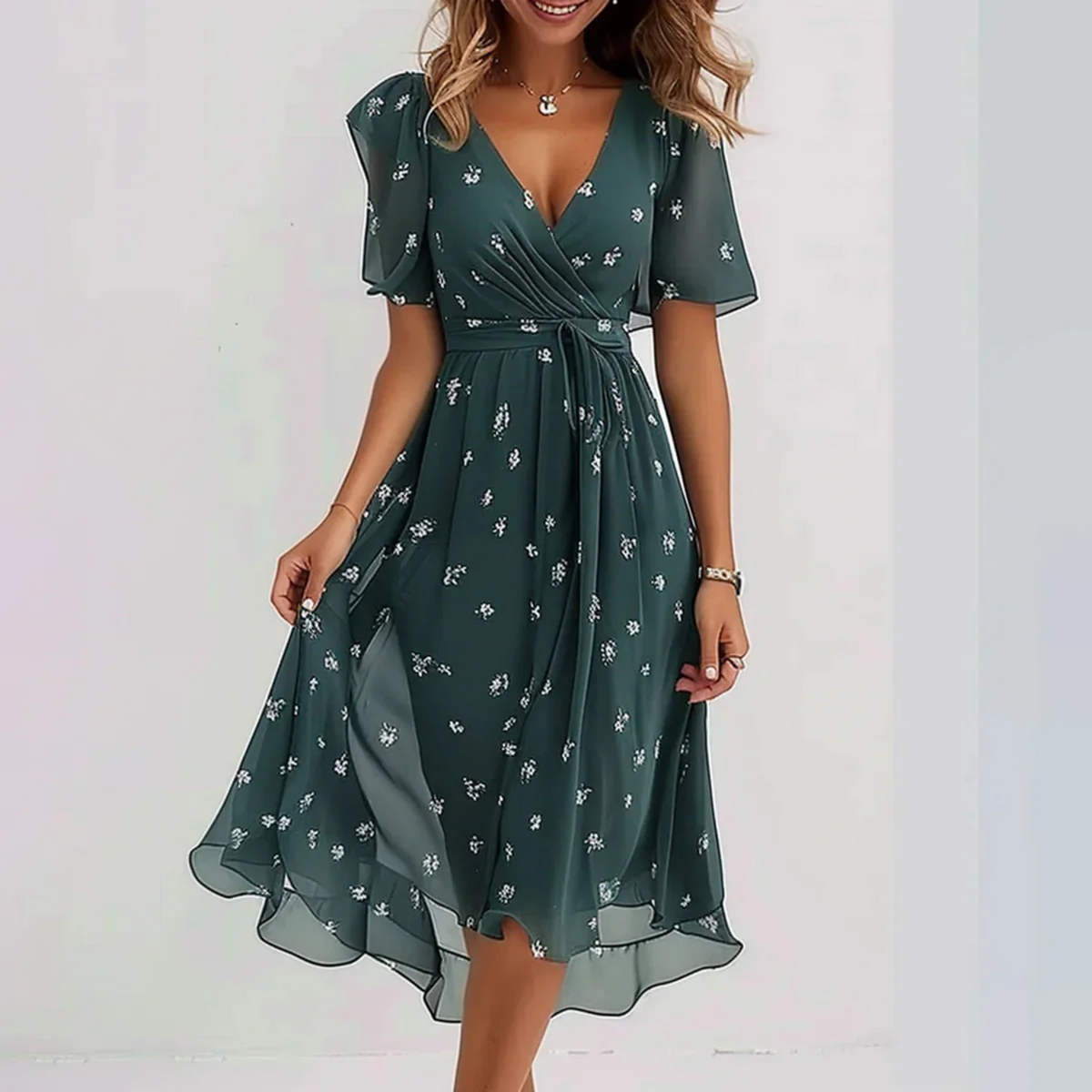 Floral Wrap V-Neck Midi Dress for Women