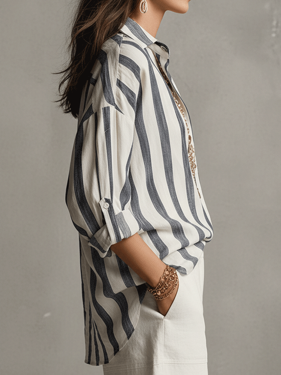 Madeline | Women's Striped Button Front Long Sleeve Blouse