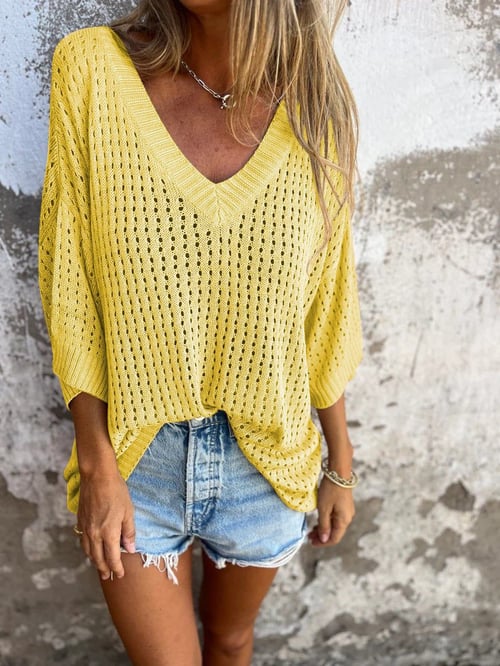 Women's Knit V-Neck Top with Open-Work Pattern