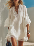 Diana | Bohemian White Cotton Linen V-neck Lace Tassel Loose Mini Dress