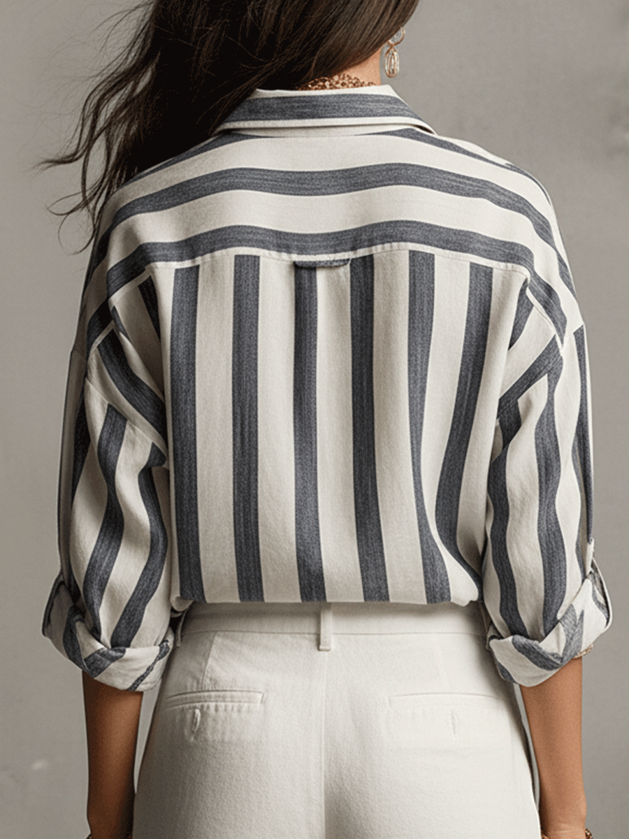 Madeline | Women's Striped Button Front Long Sleeve Blouse
