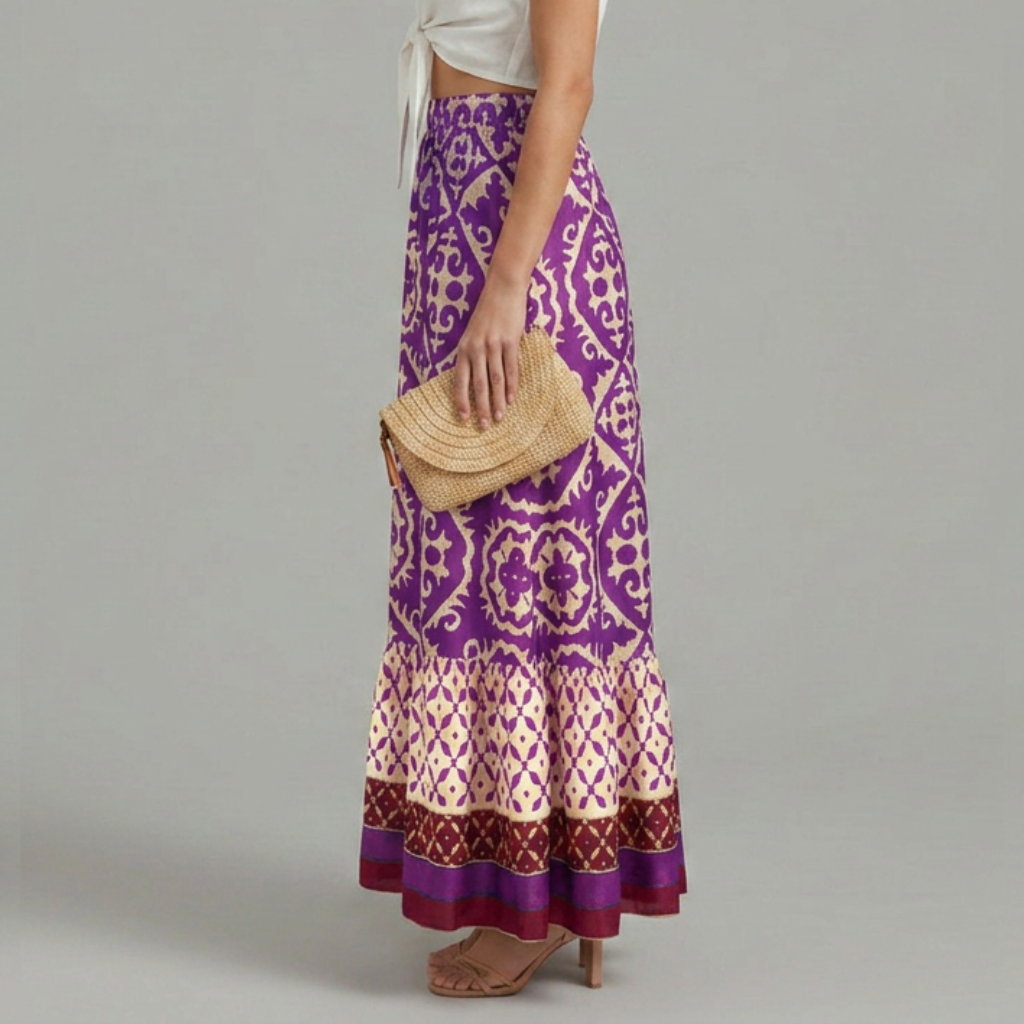 Women’s Printed Maxi Skirt with Elastic Waist and Tiered Design