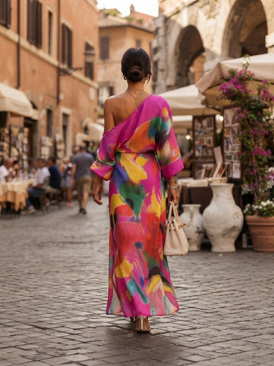 Women's Artistic Print One-shoulder Maxi Dress