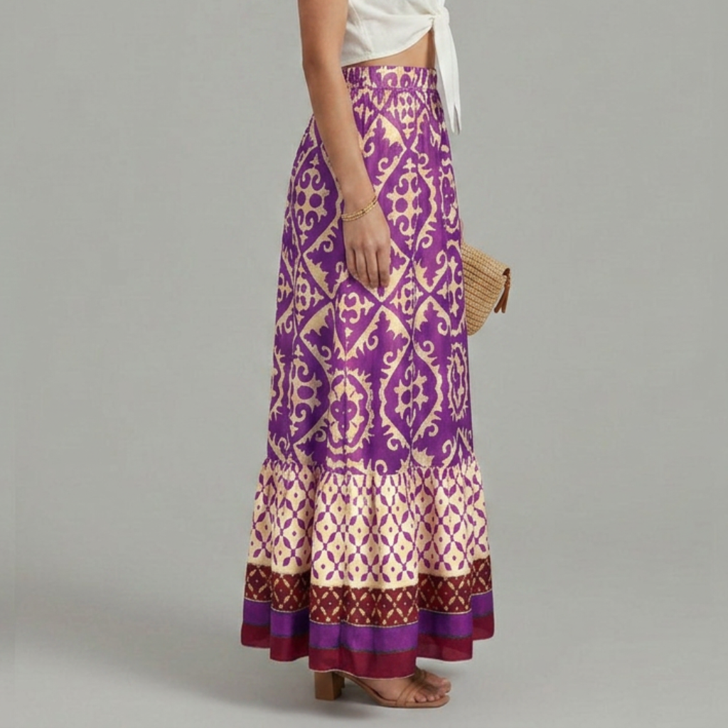 Women’s Printed Maxi Skirt with Elastic Waist and Tiered Design