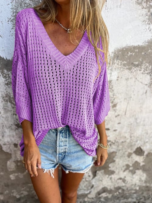 Women's Knit V-Neck Top with Open-Work Pattern