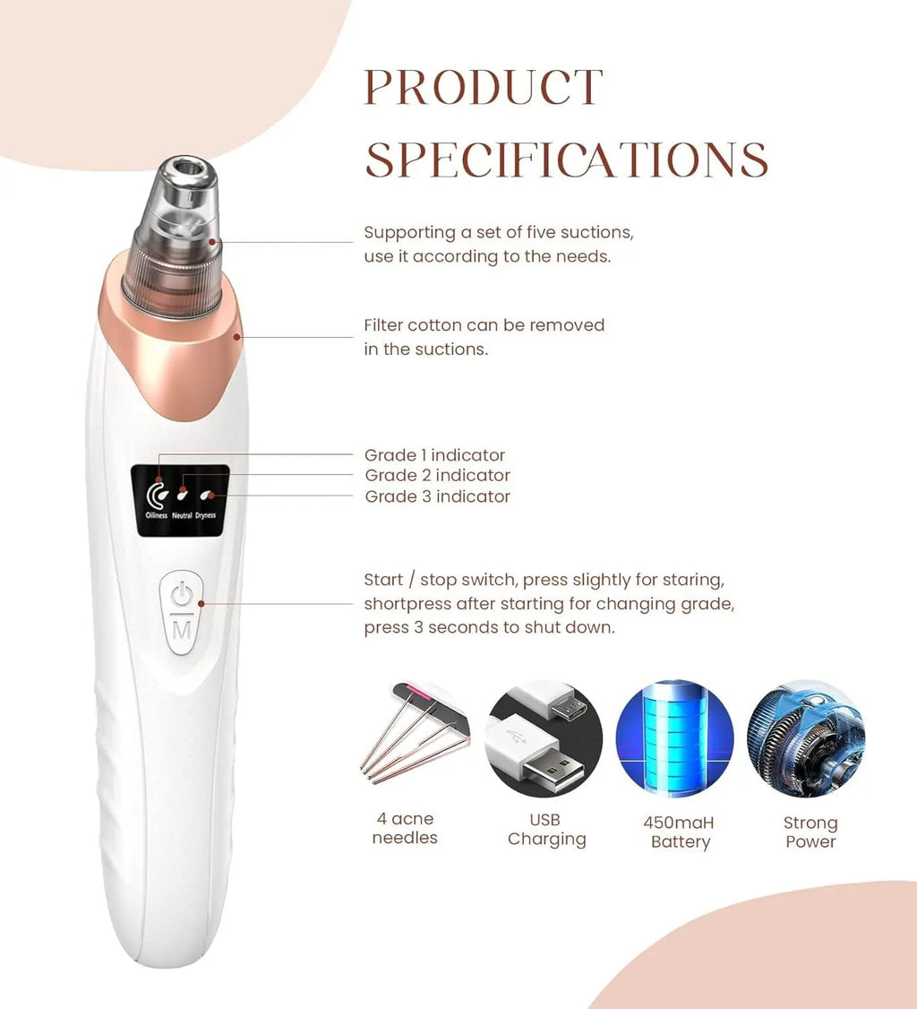 Blackhead Remover Pore Vacuum, USB Rechargeable, 3 Suction Levels