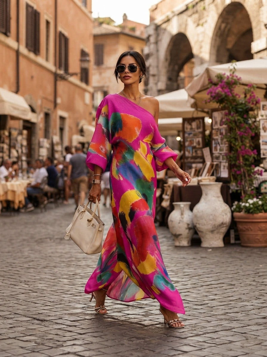 Women's Artistic Print One-shoulder Maxi Dress