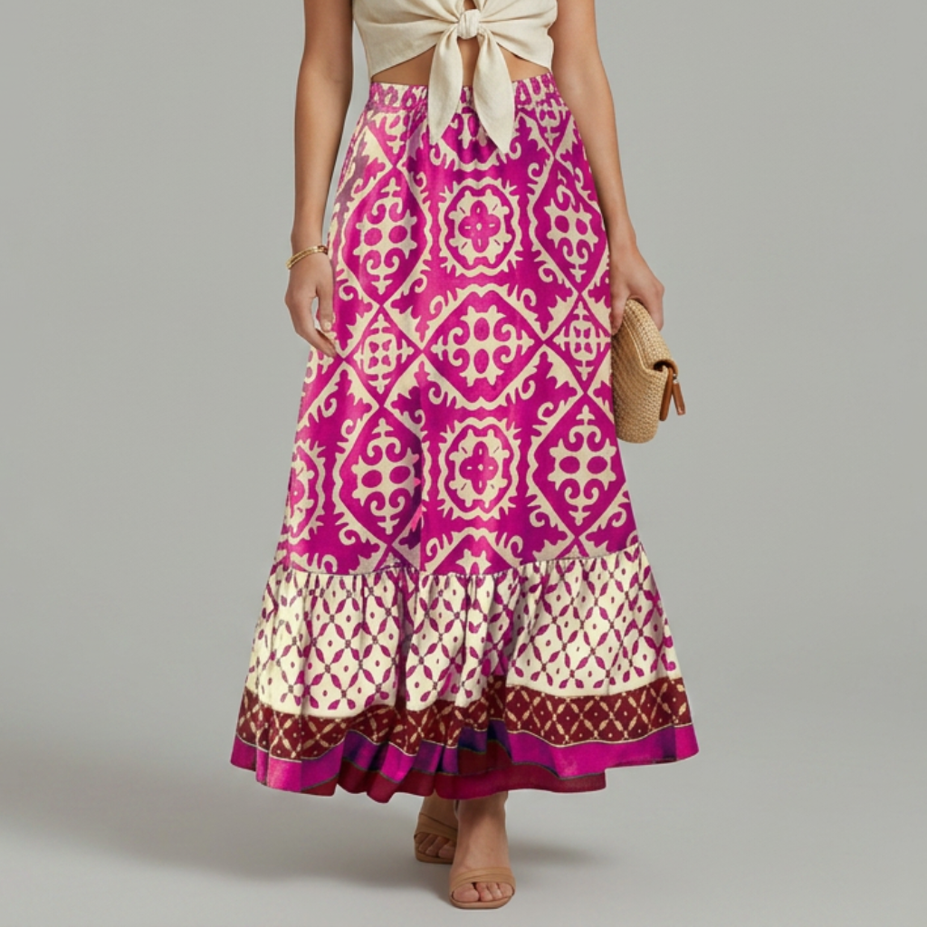Women’s Printed Maxi Skirt with Elastic Waist and Tiered Design