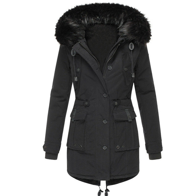 Women's Hooded Parka with Faux Fur Trim and Button Front
