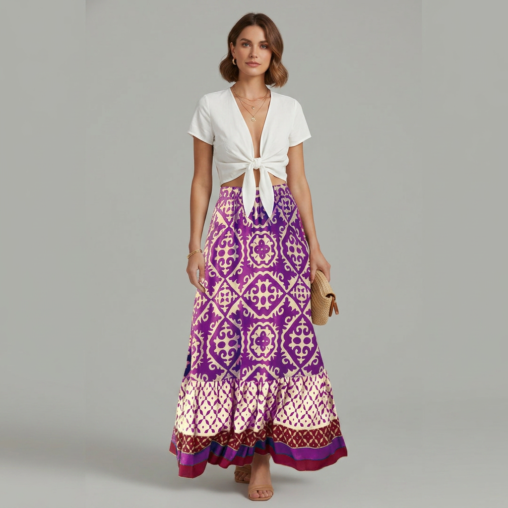 Women’s Printed Maxi Skirt with Elastic Waist and Tiered Design