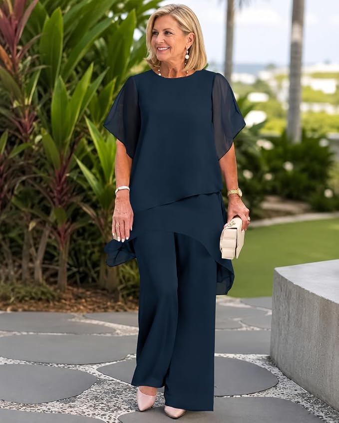 Women's Woven Two-Piece Set with Layered Hem Top and Wide-Leg Pants
