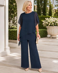 Women's Woven Two-Piece Set with Layered Hem Top and Wide-Leg Pants