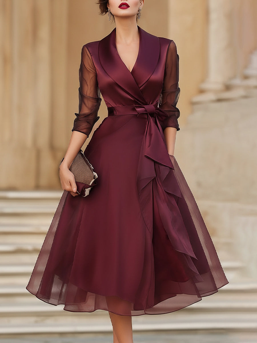 Zaria | Elegant Wrap Midi Dress With Sheer Sleeves