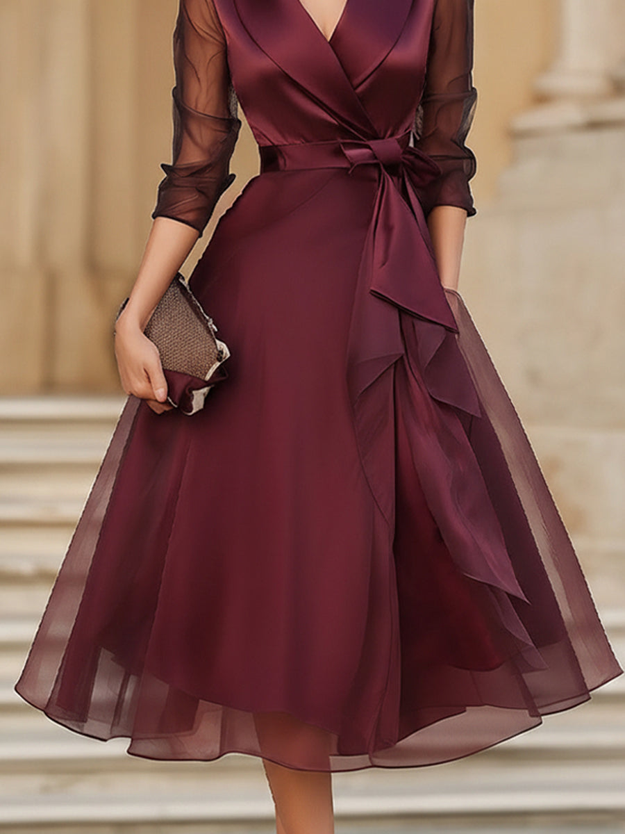 Zaria | Elegant Wrap Midi Dress With Sheer Sleeves