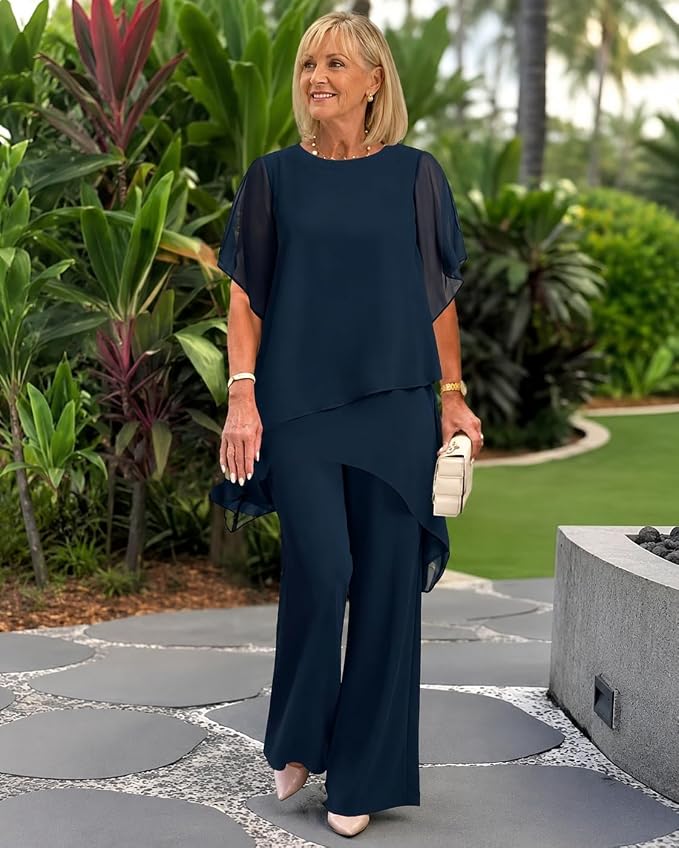 Women's Woven Two-Piece Set with Layered Hem Top and Wide-Leg Pants