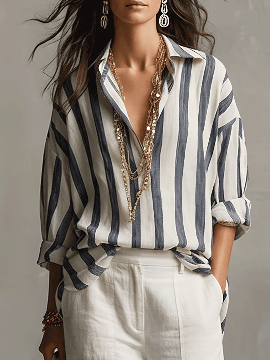 Madeline | Women's Striped Button Front Long Sleeve Blouse
