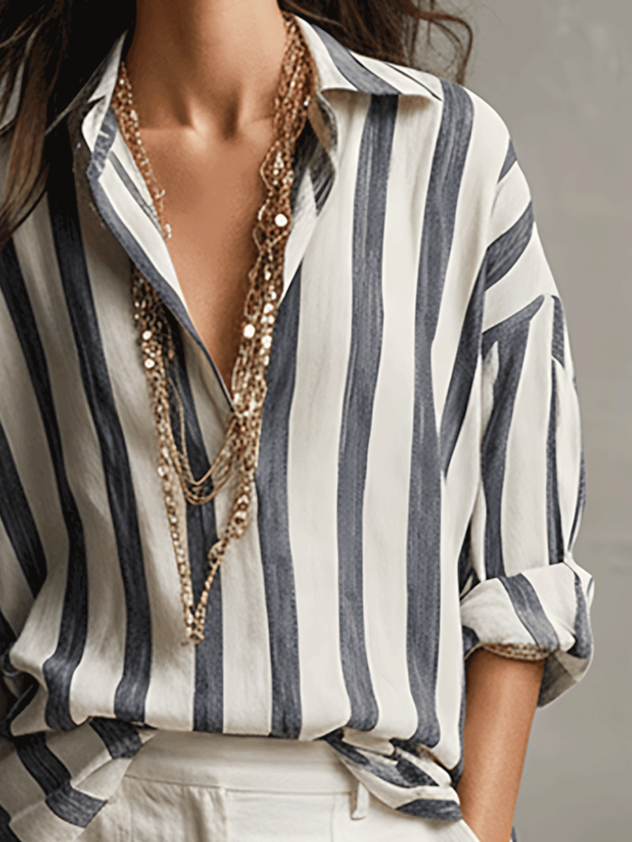 Madeline | Women's Striped Button Front Long Sleeve Blouse