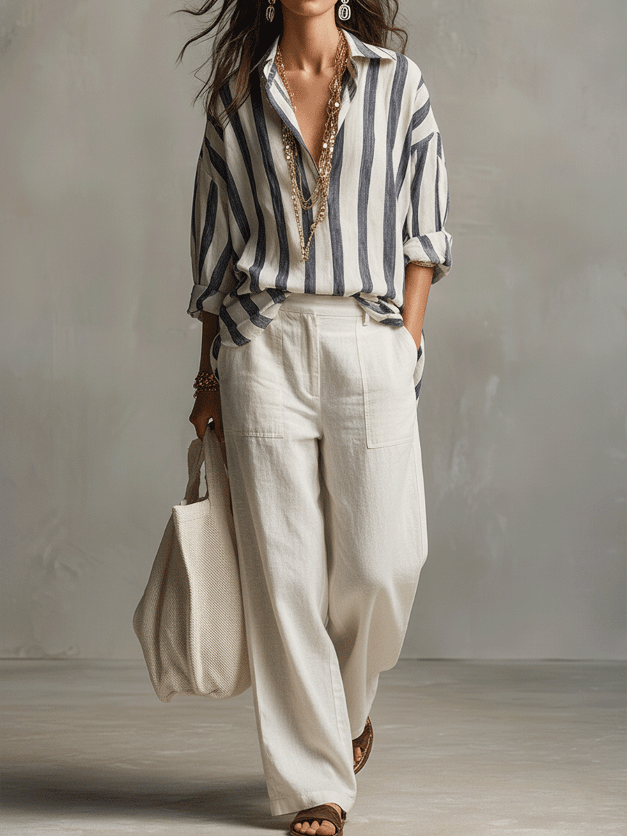 Madeline | Women's Striped Button Front Long Sleeve Blouse