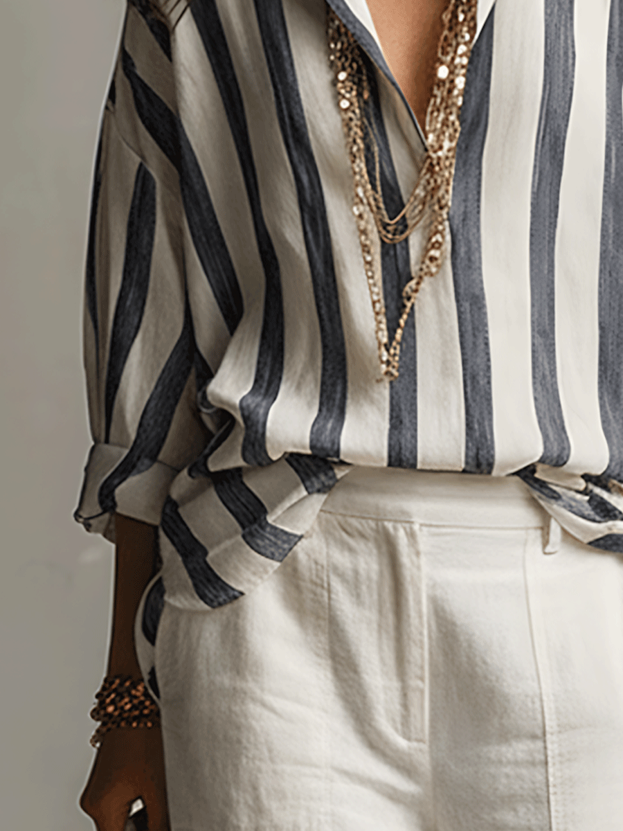 Madeline | Women's Striped Button Front Long Sleeve Blouse