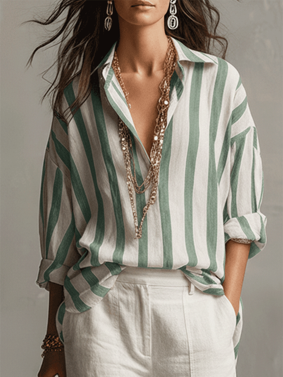 Madeline | Women's Striped Button Front Long Sleeve Blouse