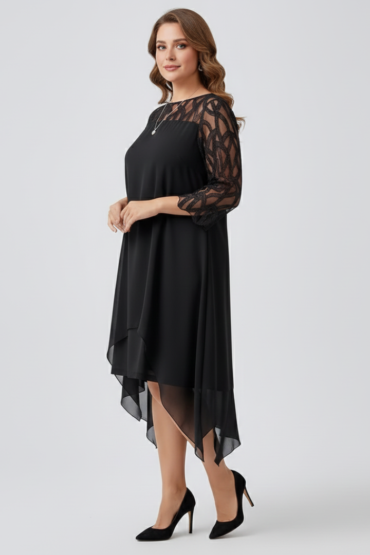 Women’s A Line Dress with Lace Sleeves and Asymmetrical Hem