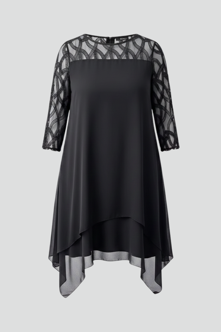 Women’s A Line Dress with Lace Sleeves and Asymmetrical Hem