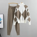Women's Checked Knit Two-Piece Set with Turtleneck and Trousers