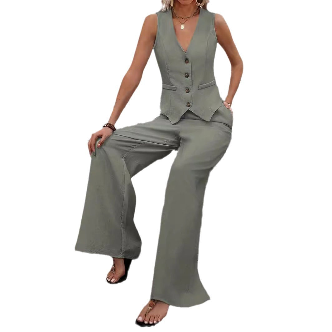 Women's Tailored Vest Wide-Leg Trouser Suit Set Sleeveless