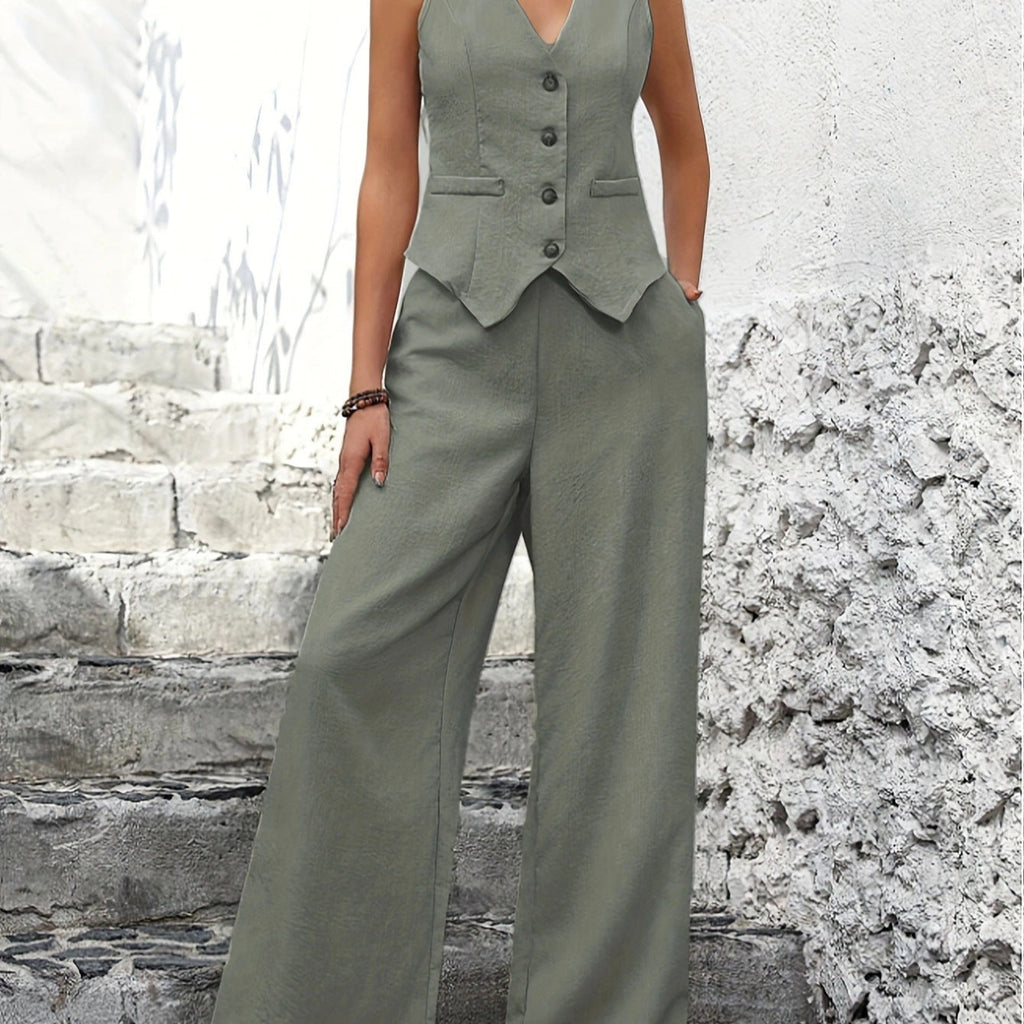 Women's Tailored Vest Wide-Leg Trouser Suit Set Sleeveless