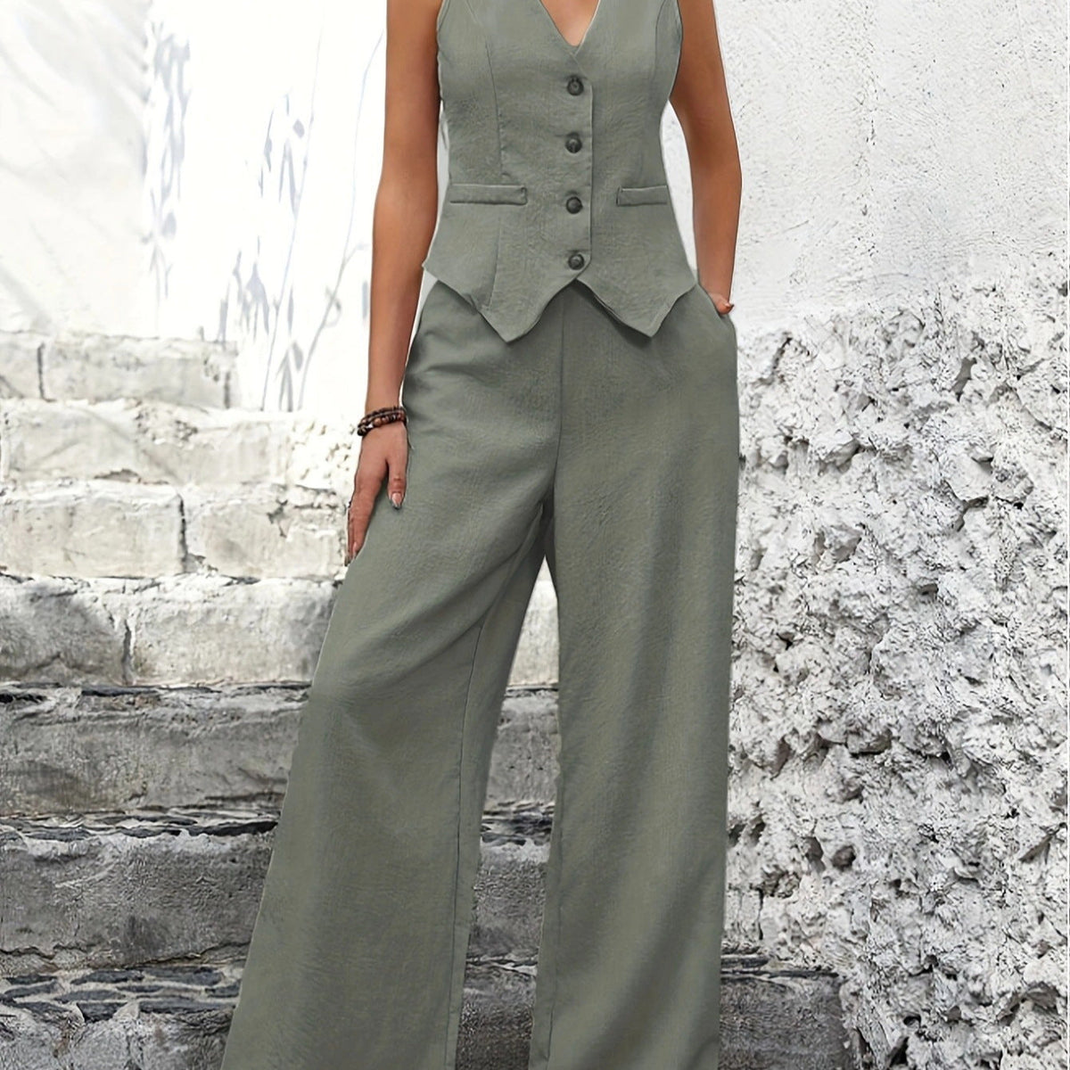 Women's Tailored Vest Wide-Leg Trouser Suit Set Sleeveless