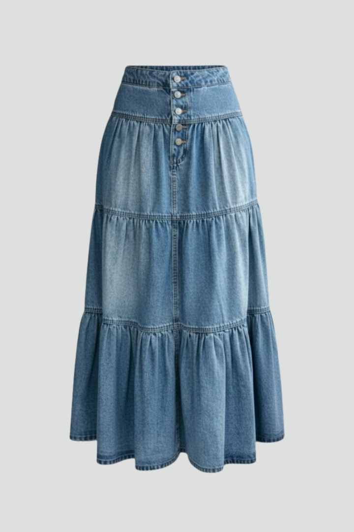 Women’s Denim Maxi Skirt with Buttons and Tiers