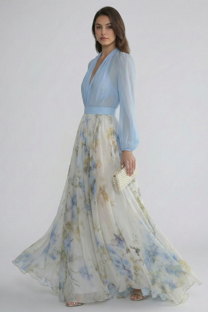 Women’s Maxi Dress with V-Neckline and Sheer Sleeves