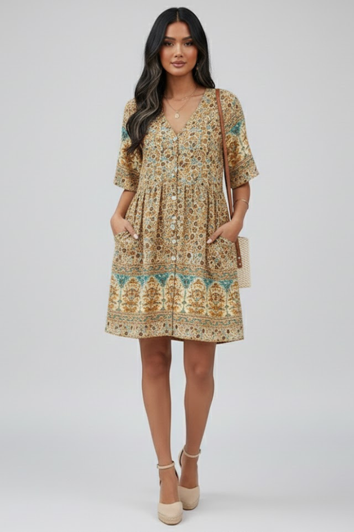 Women’s Short Sleeve Dress with V-Neck and Button Front