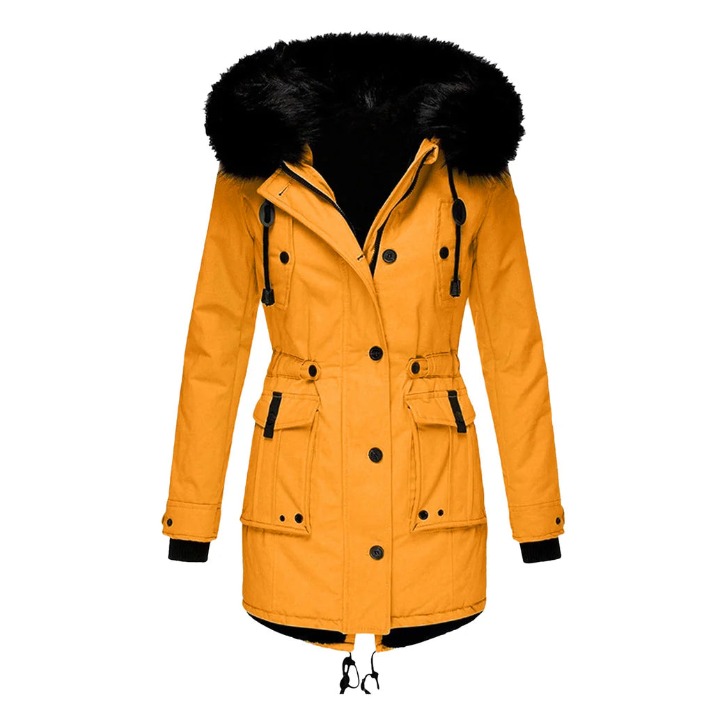 Women's Hooded Parka with Faux Fur Trim and Button Front