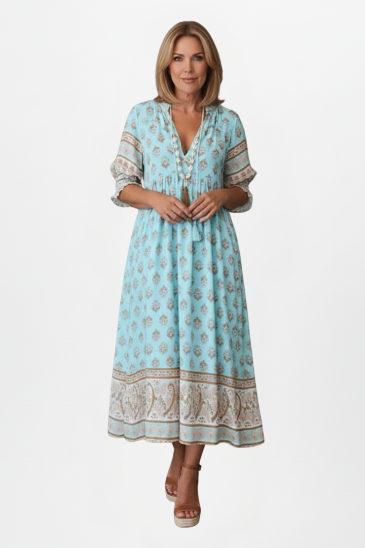 Women’s Dress with V-Neck and Patterned Surface