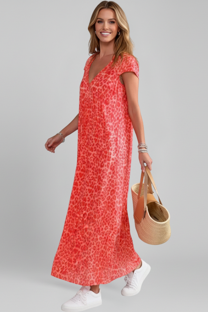 Women’s Dress with V Neck and Printed Surface