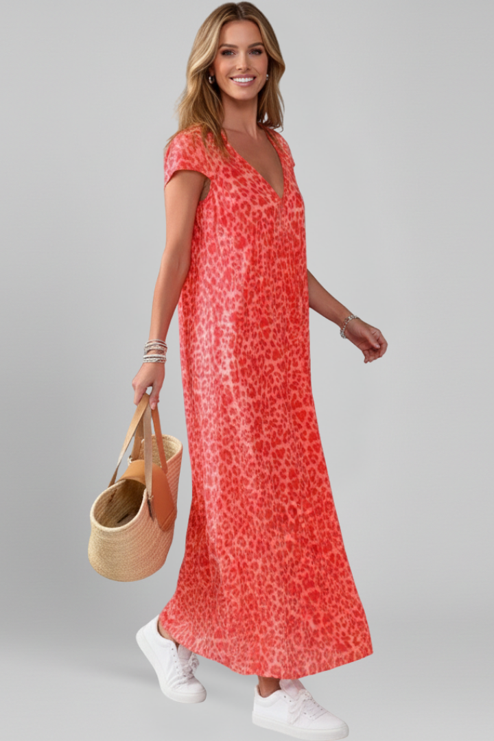 Women’s Dress with V Neck and Printed Surface