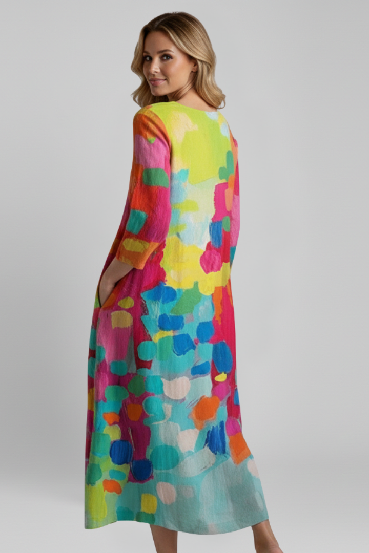 Women’s Dress with V Neckline and Printed Surface