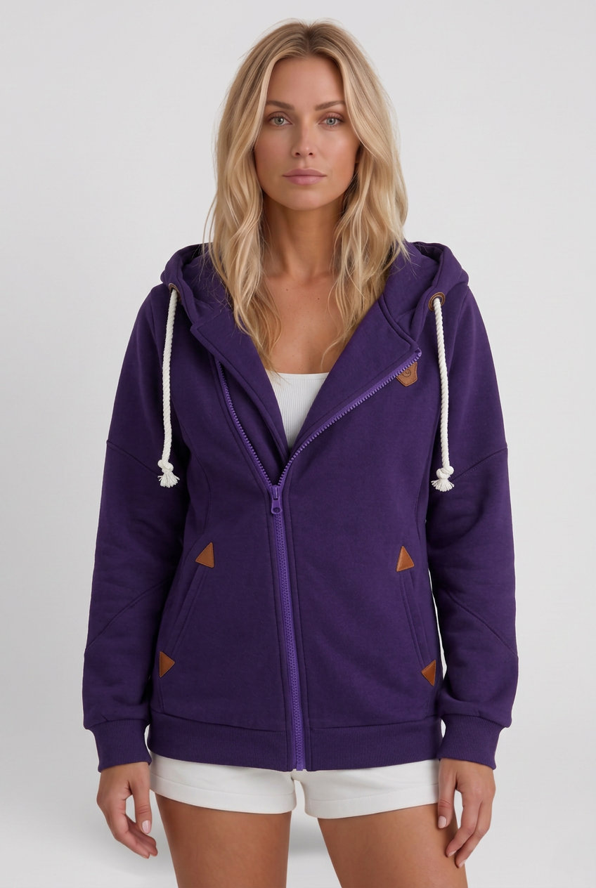 Women’s Hooded Zip-Up Jacket with Rope Drawstrings and Contrast Accents