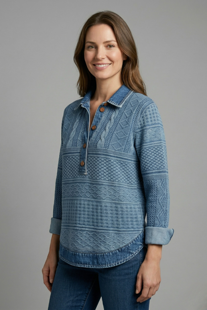 Women’s Knit Top with Button Closure and Textured Surface