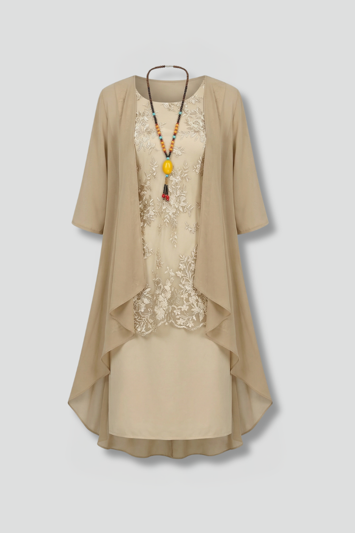 Women’s Layered Dress with Round Neck and Sheer Overlay
