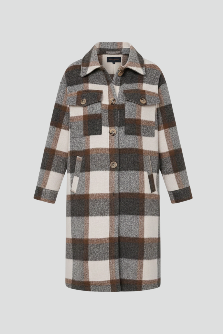 Women’s Long Coat with Button Front and Checked Woven Surface
