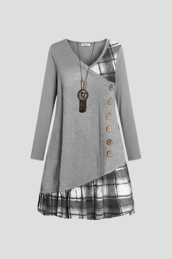 Women’s Long Sleeve Dress with V Neckline and Button Detail