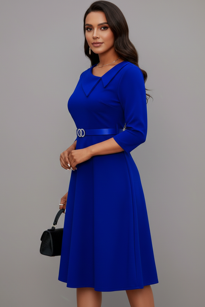 Women’s Midi Dress with Asymmetrical Neckline and Belt