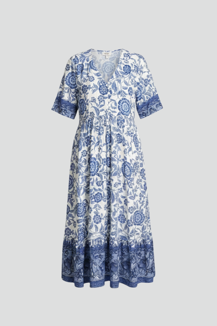 Women’s Midi Dress with V-Neck and Short Sleeves
