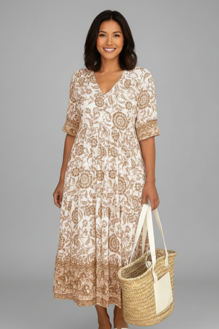 Women’s Midi Dress with V-Neck and Short Sleeves