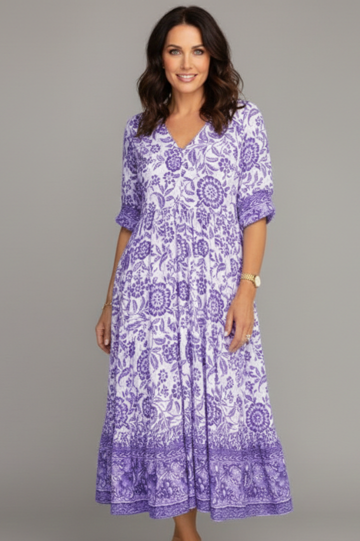 Women’s Midi Dress with V-Neck and Short Sleeves