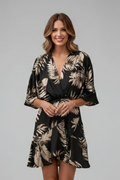 Women’s Mini Dress with Batwing Sleeves and Waist Tie