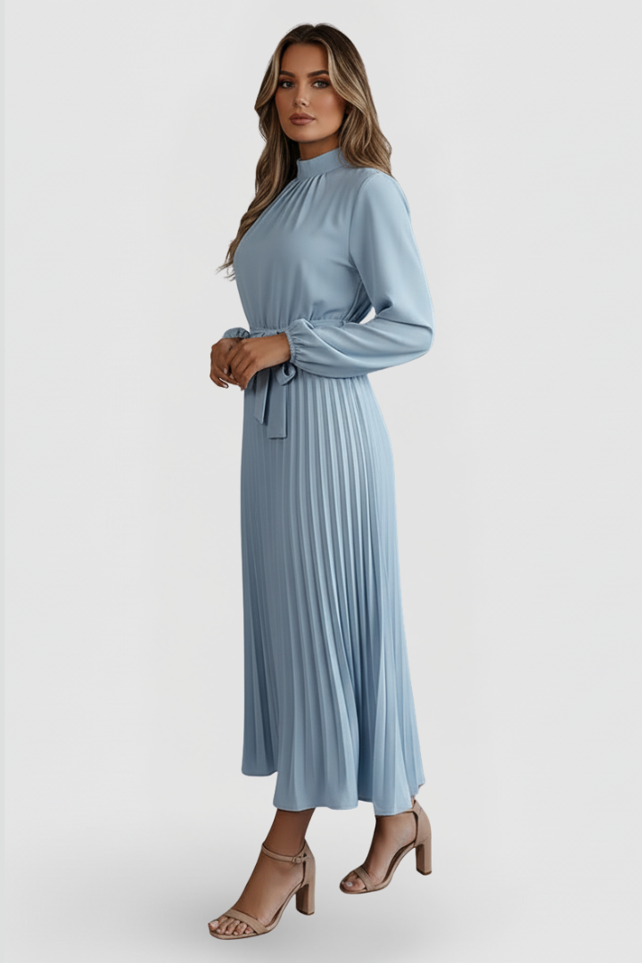 Women’s Pleated Dress with Long Sleeves and Waist Tie